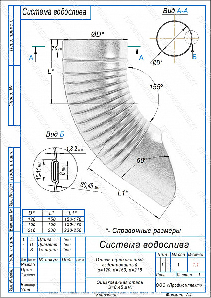 Отлив водосточный гофрированный ПРОФКОМПЛЕКТ (ОЦ-D120-0.50)