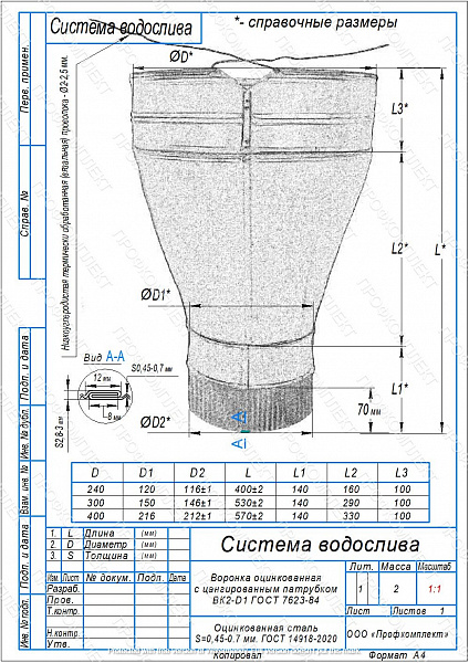Воронка водосточная ПРОФКОМПЛЕКТ (ОЦ-D120-0.50)